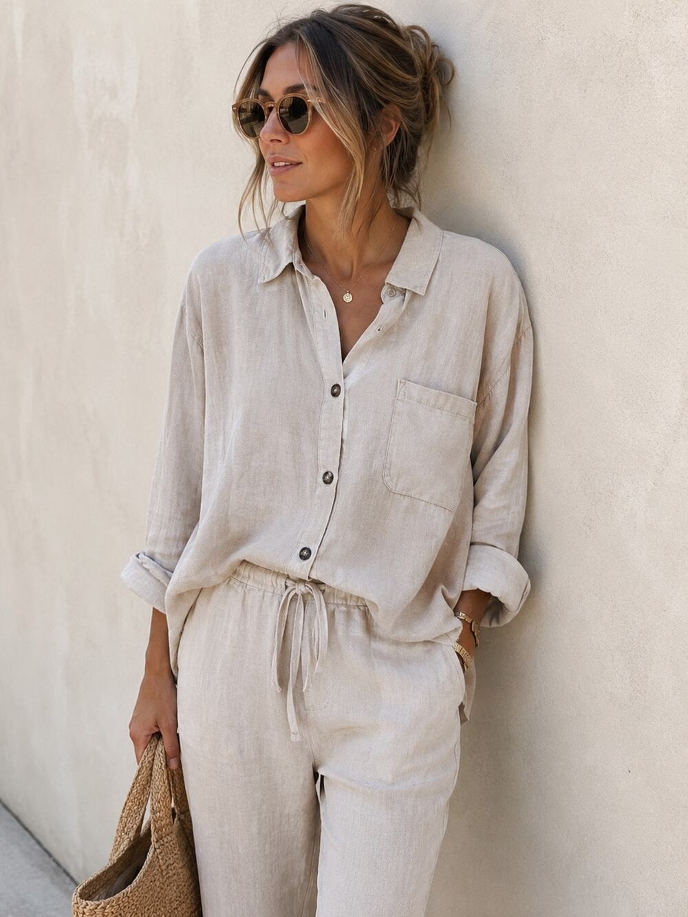 CP Shades Vintage 100% Linen Long Sleeve Button-Front Shirt Top Beige Size L